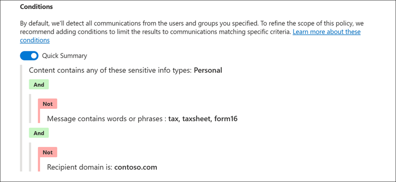 Communication Compliance condition builder example 6.