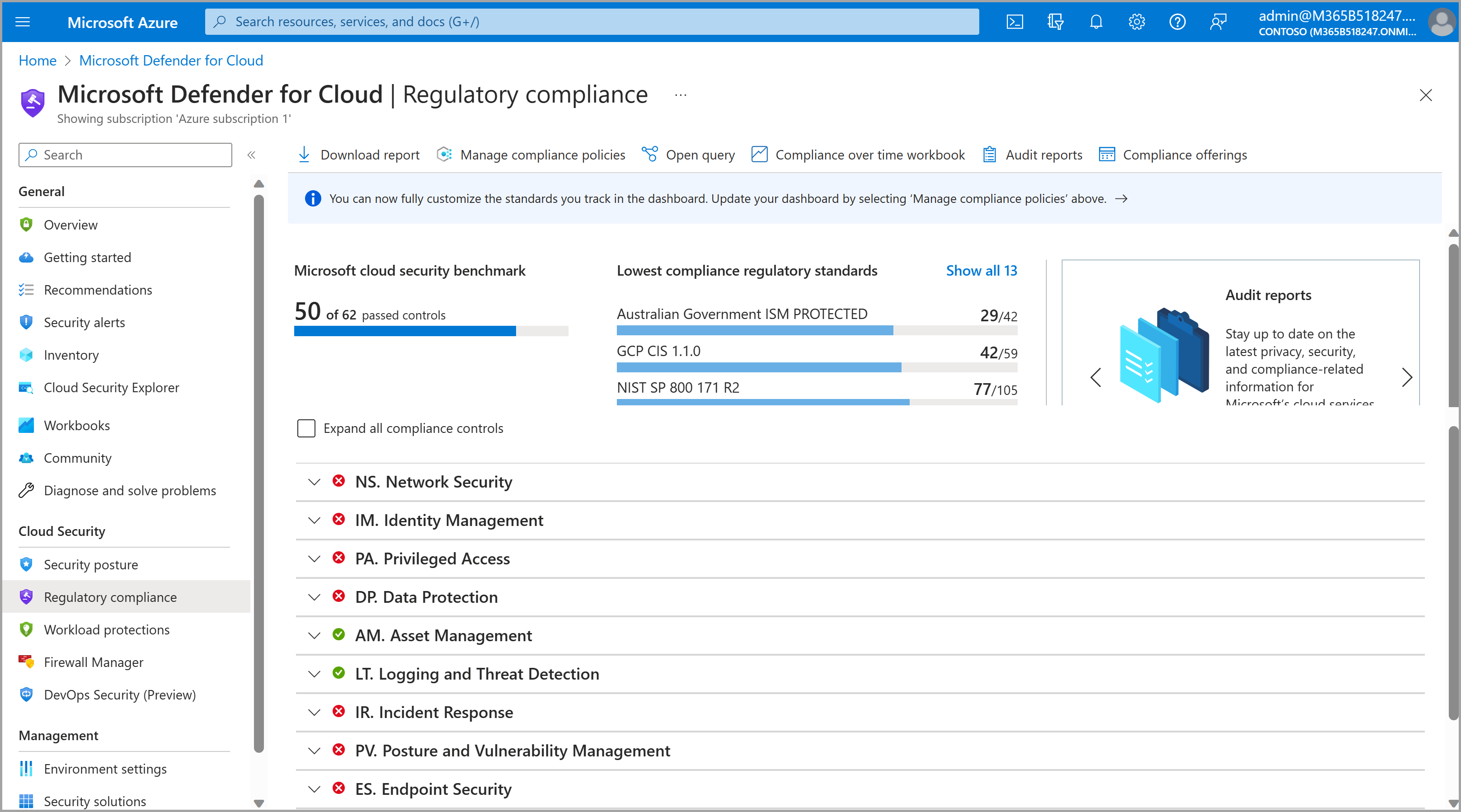 Defender for Cloud dashboard Compliance Manager MDC dashboard.