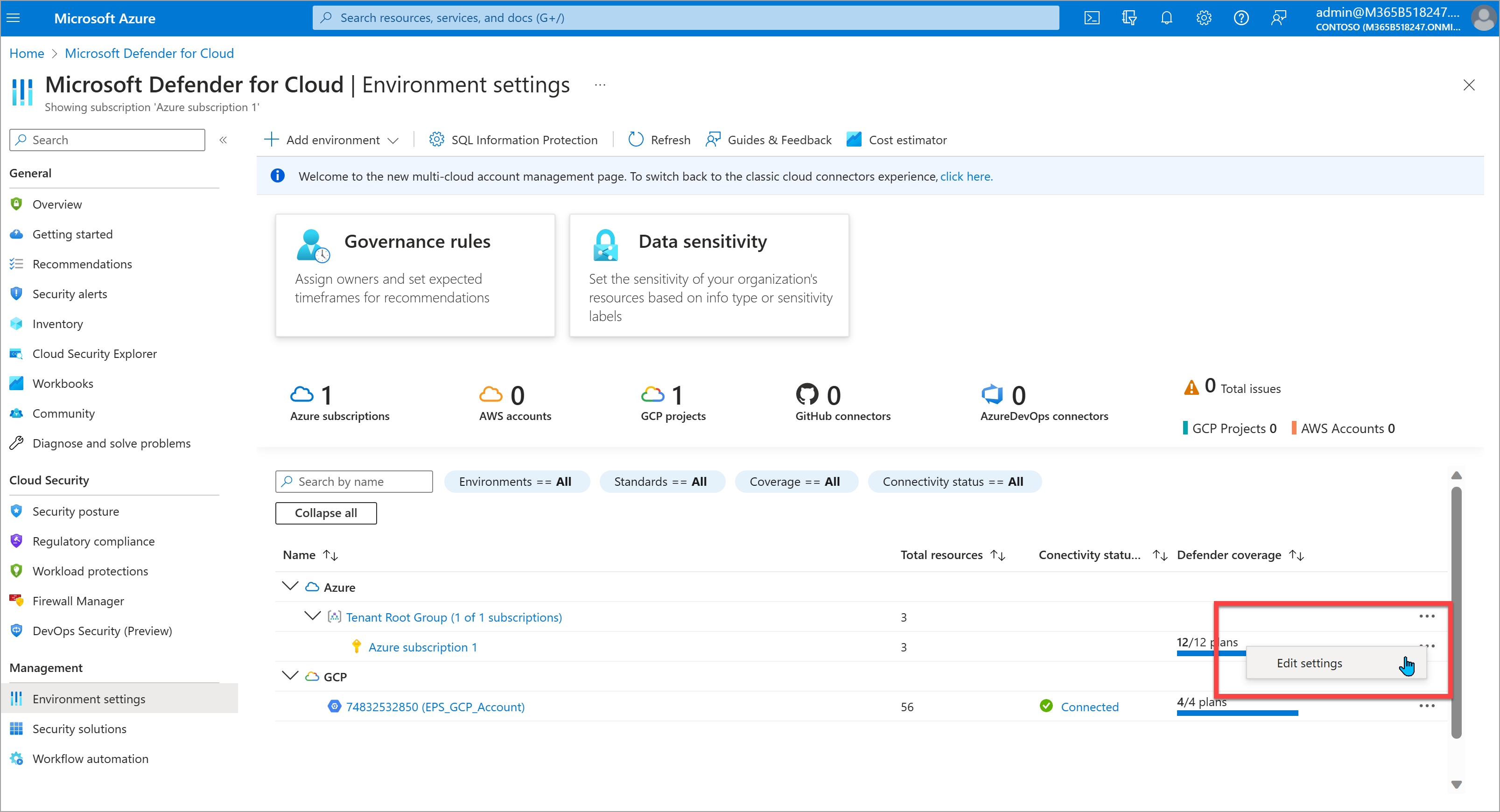 Defender for Cloud edit subscription settings Compliance Manager MDC subscription settings.