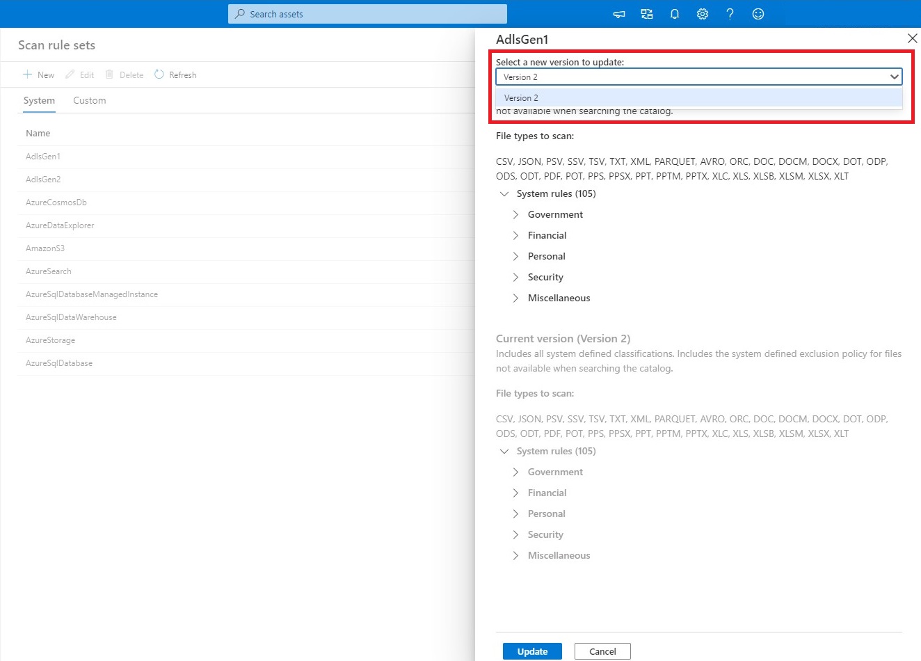 Screenshot showing how to change the version of a system scan rule set.