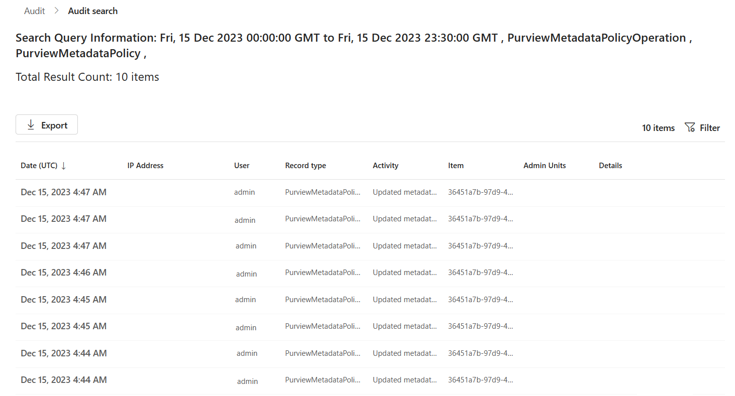 Screenshot of the audit search results detail page, showing the audit history table with the returned search results.