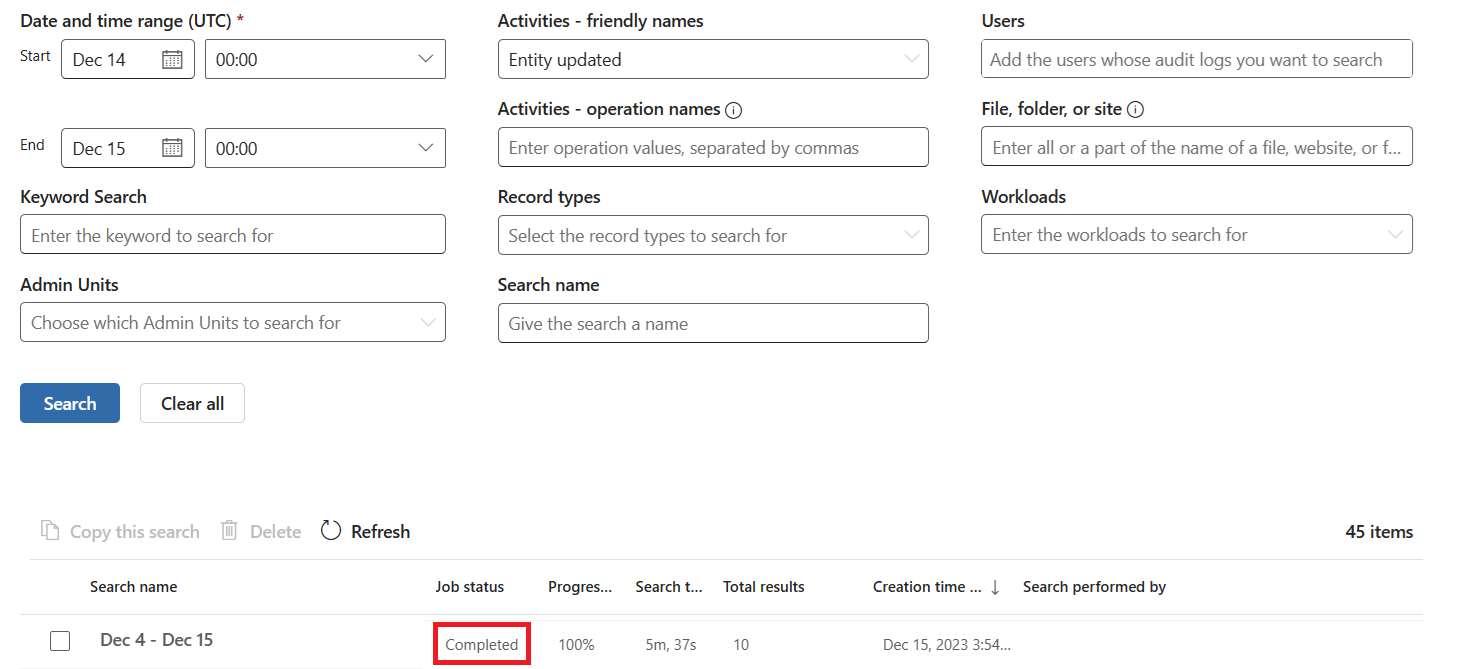 Screenshot of the Audit solution search showing a completed status.