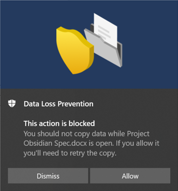 This screenshot shows the endpoint dlp client blocked override notification.