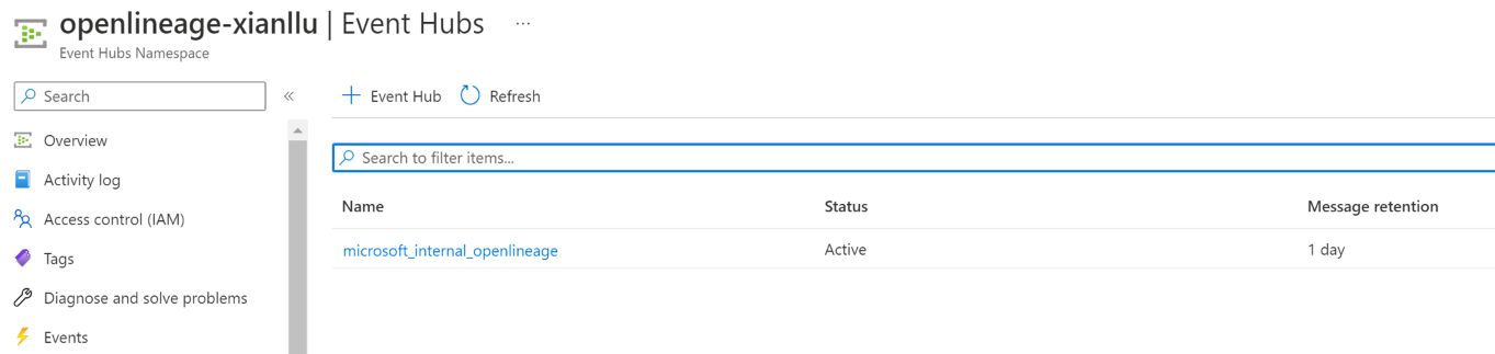 Screenshot of create an new event hub in Azure Event Hubs