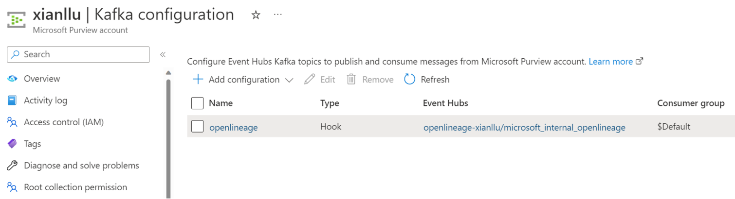 Screenshot of configure Event Hubs to publish messages to Microsoft Purview