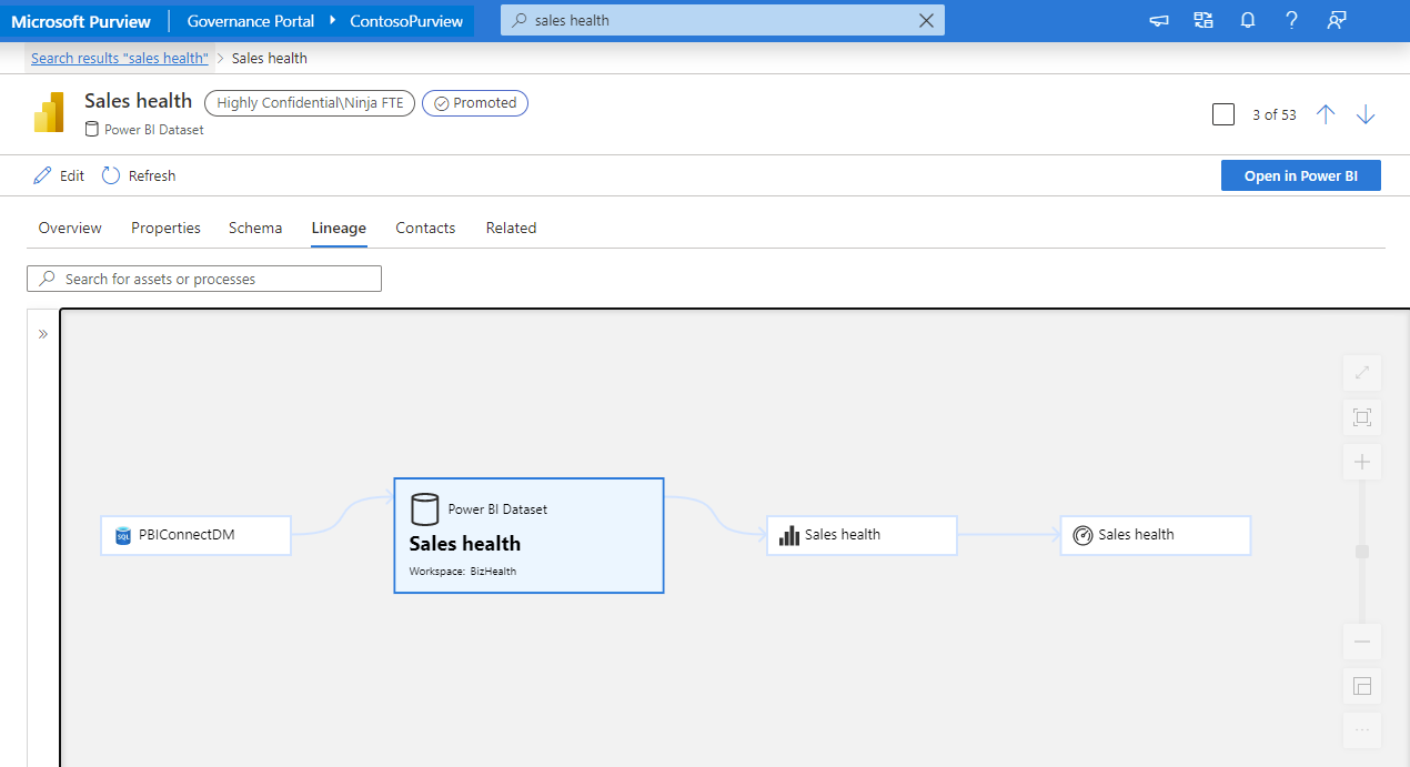Screenshot showing how lineage is rendered for Power BI.