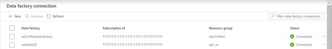 Screen shot showing a data factory connection list.