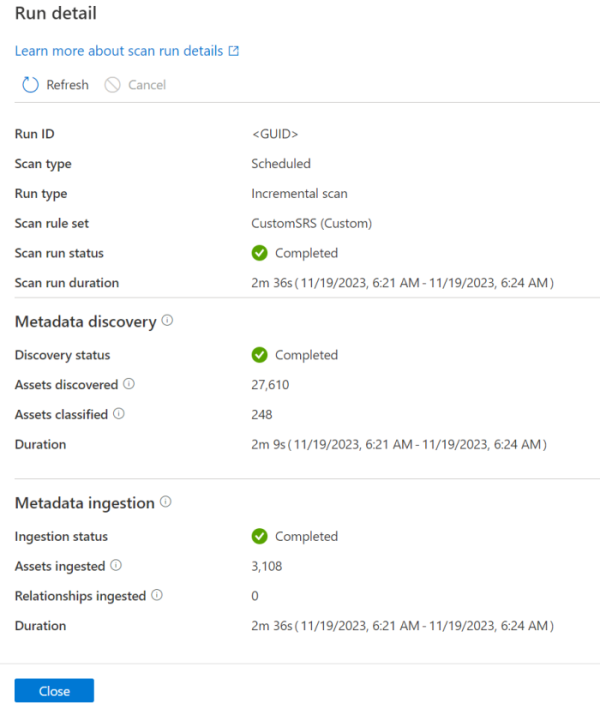 Screenshot of view scan run execution details.