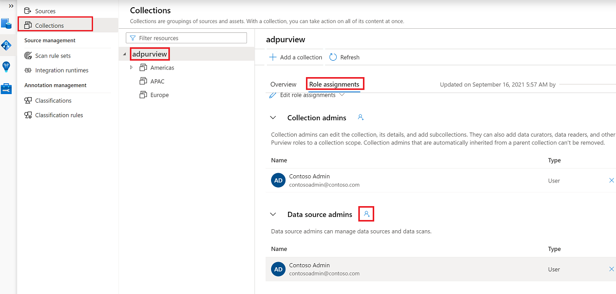 Screenshot that shows selections for assigning the Data source admin role at the root collection level.