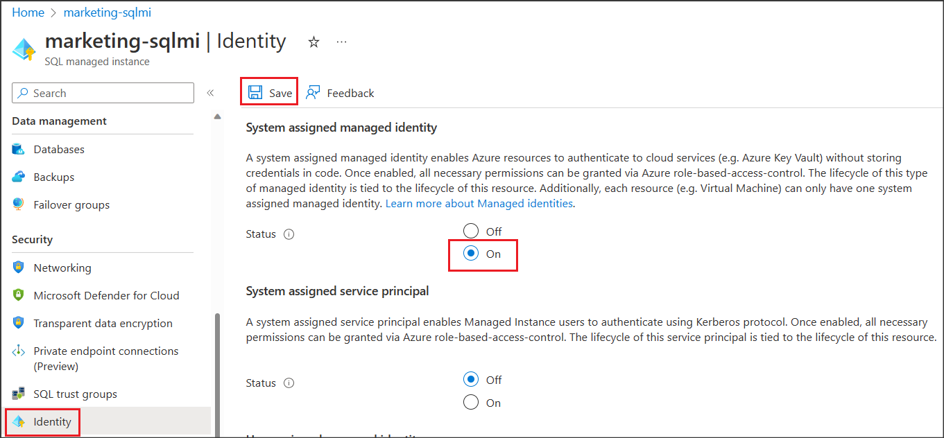 Screenshot shows how to assign system managed identity to Azure SQL MI.