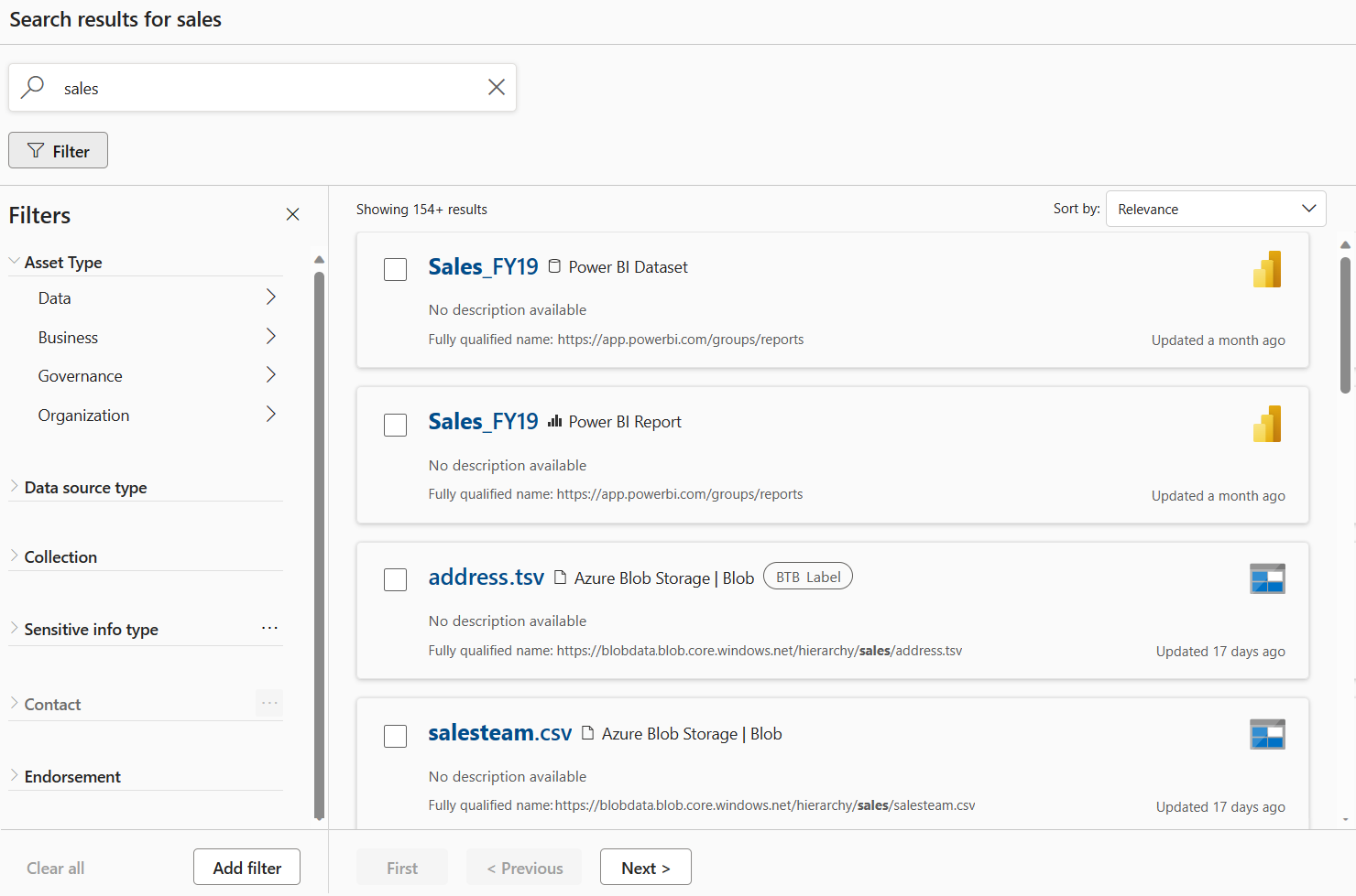 Screenshot showing a search return for Sales, with all the instances of the term highlighted in the returned results.