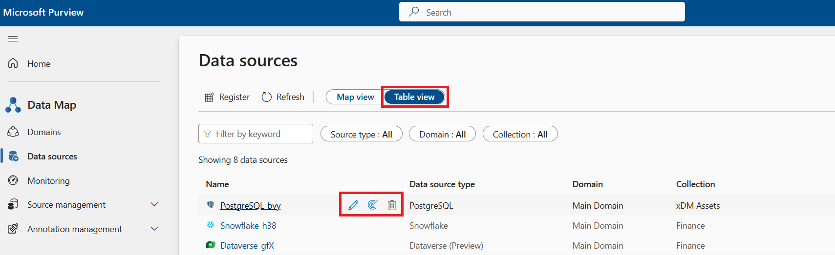 Screenshot of the Microsoft Purview data source list view.