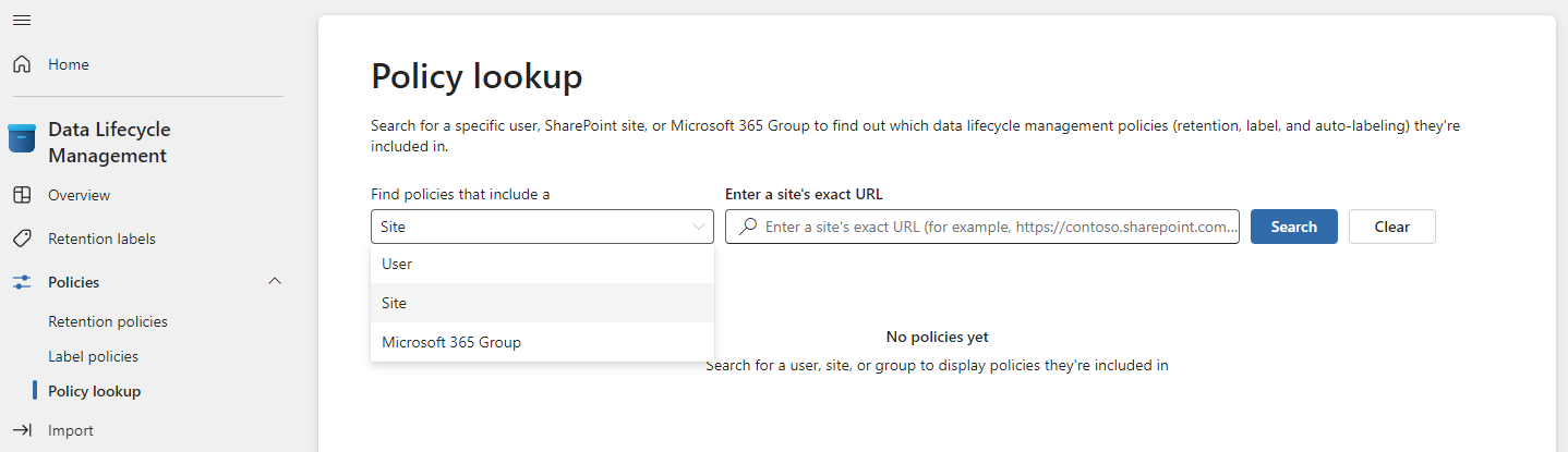Policy lookup to find the policies for retention that are assigned to specific users, sites, and Microsoft 365 groups