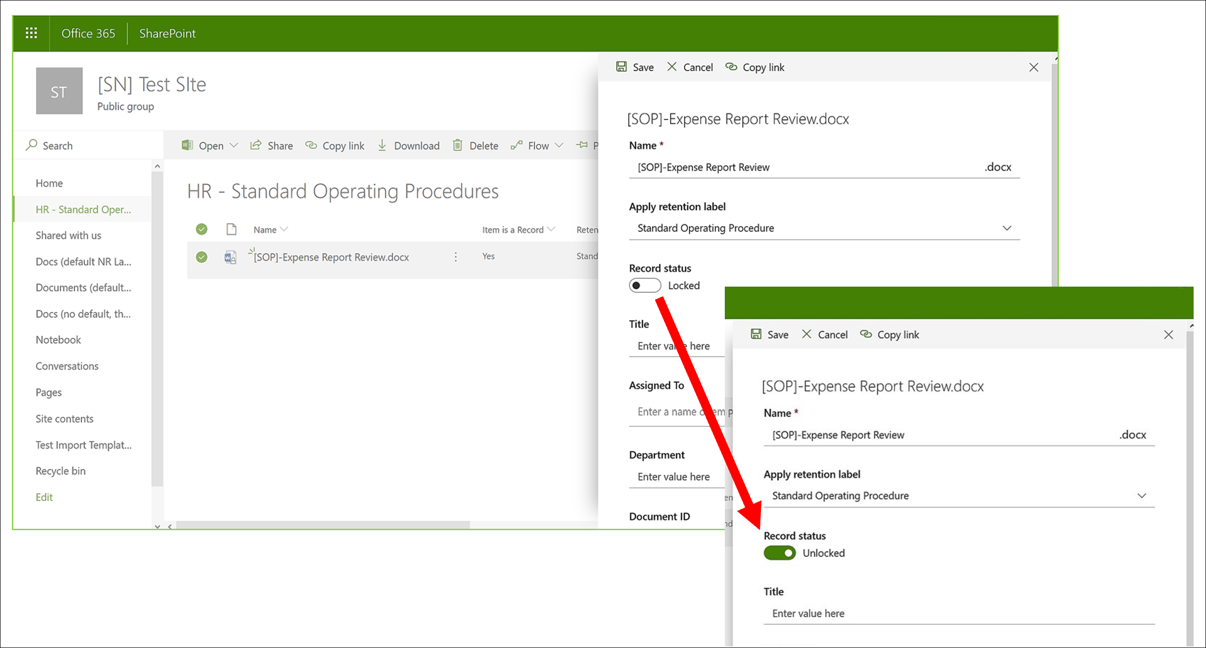 Record status property on document tagged as a record.