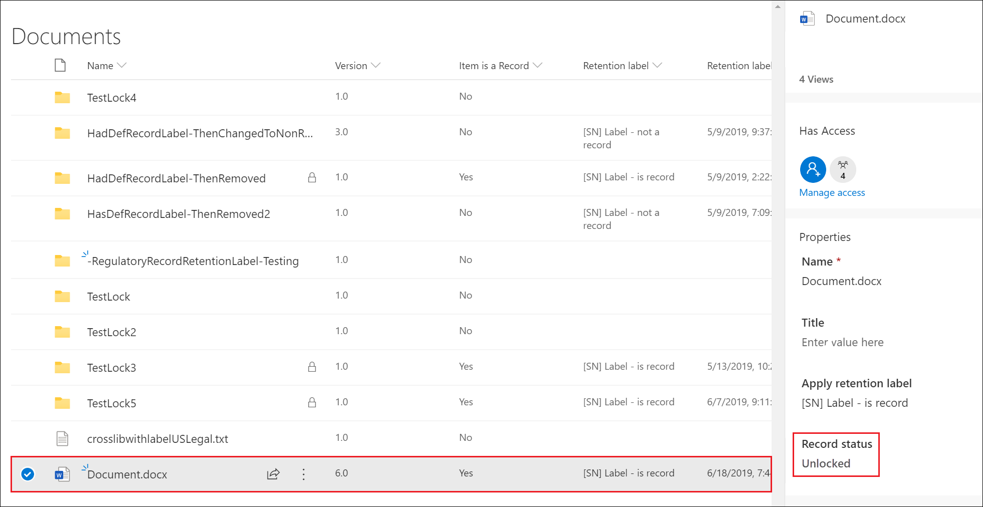 Record status shows record document is unlocked.