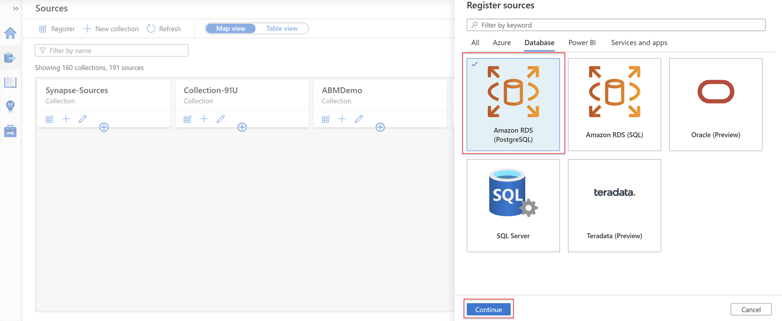 Screenshot of the Register sources page to select Amazon RDS (PostgreSQL).