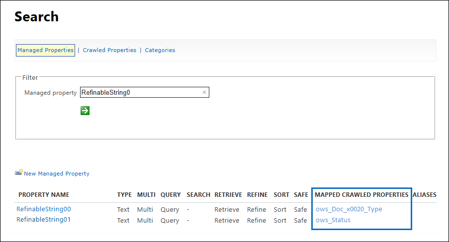 Managed properties shown mapped to crawled properties.