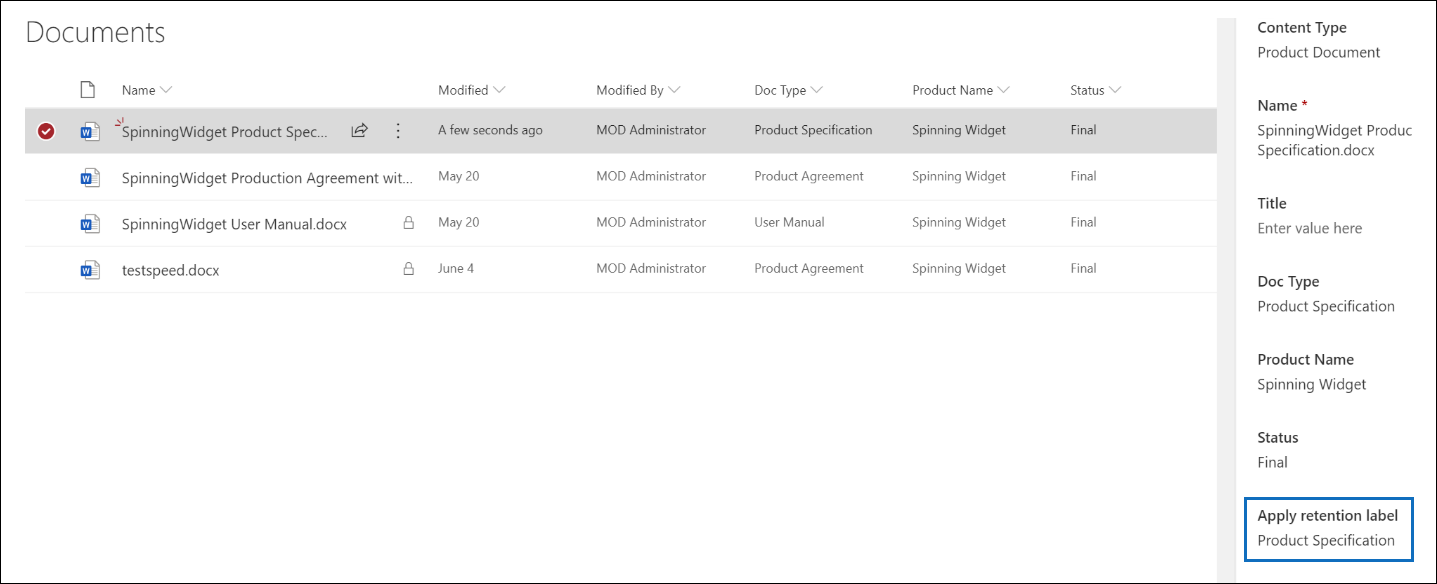Verify that label was applied by looking at the document properties in the Document Library.