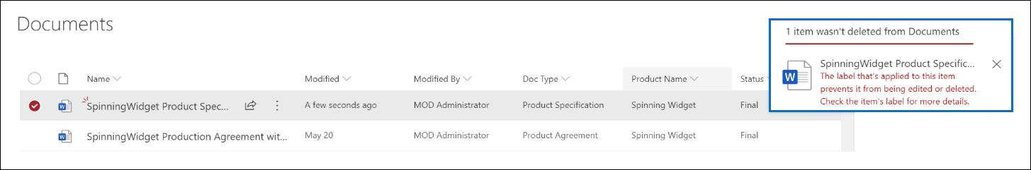 An error message shows that documents can't be deleted because the label declares that the documents are records.
