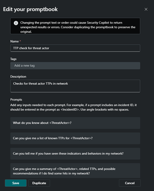 Screenshot of edit promptbook dialog box.