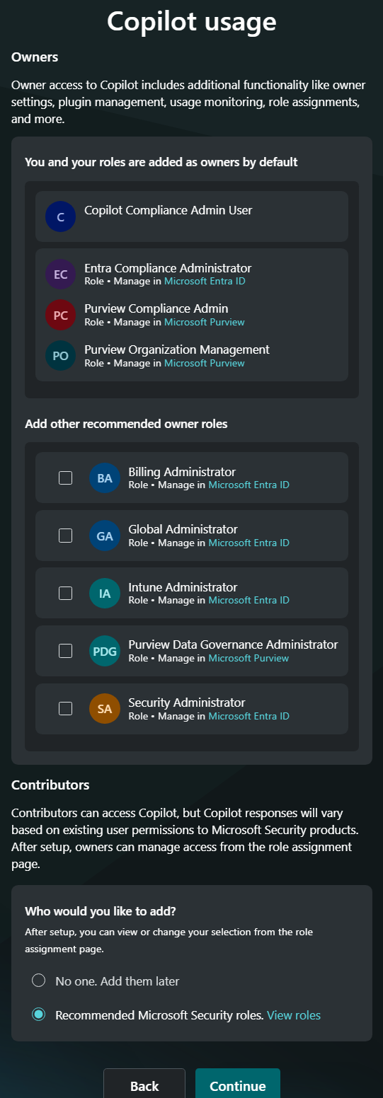 Screenshot of Copilot access roles.
