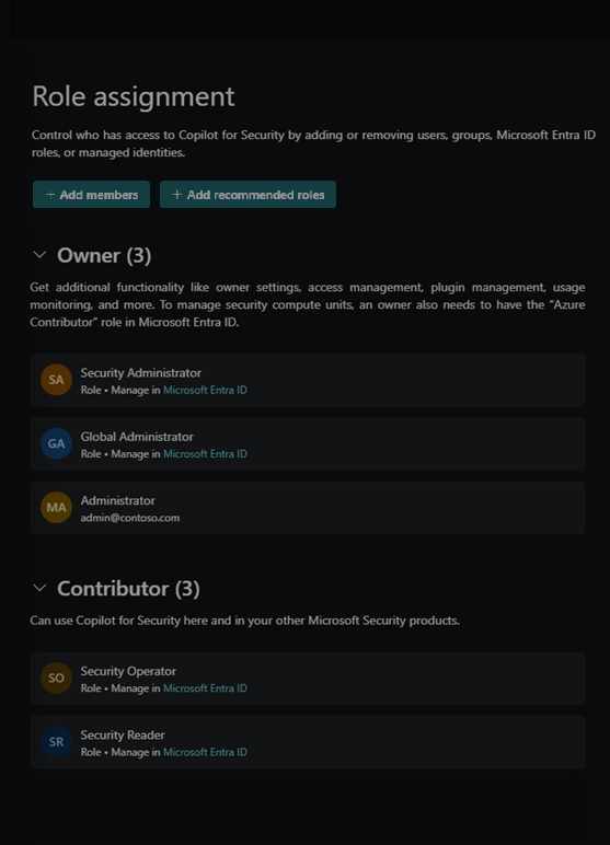 Screenshot of assigning Copilot roles including recommended security roles.