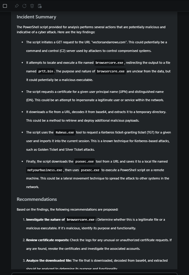 Screenshot of  summary of an incident