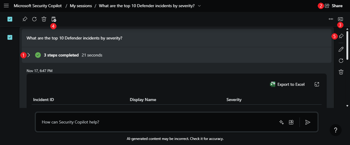 Screenshot showing active prompt with share and side display menu locations.