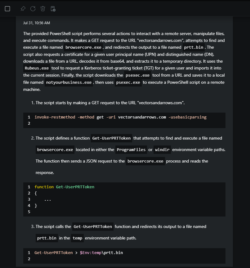 Screenshot of analyzed script shown in Security Copilot
