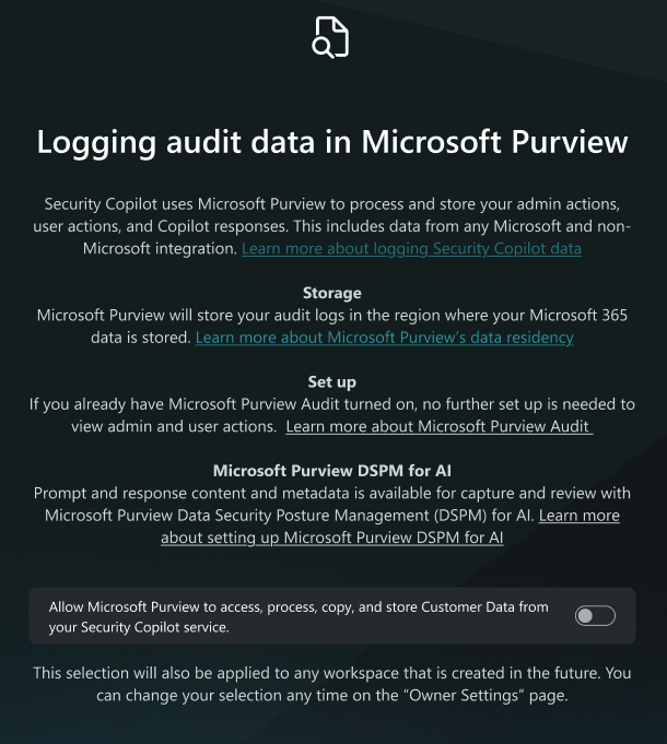 The initial configuration during the Security Copilot onboarding process