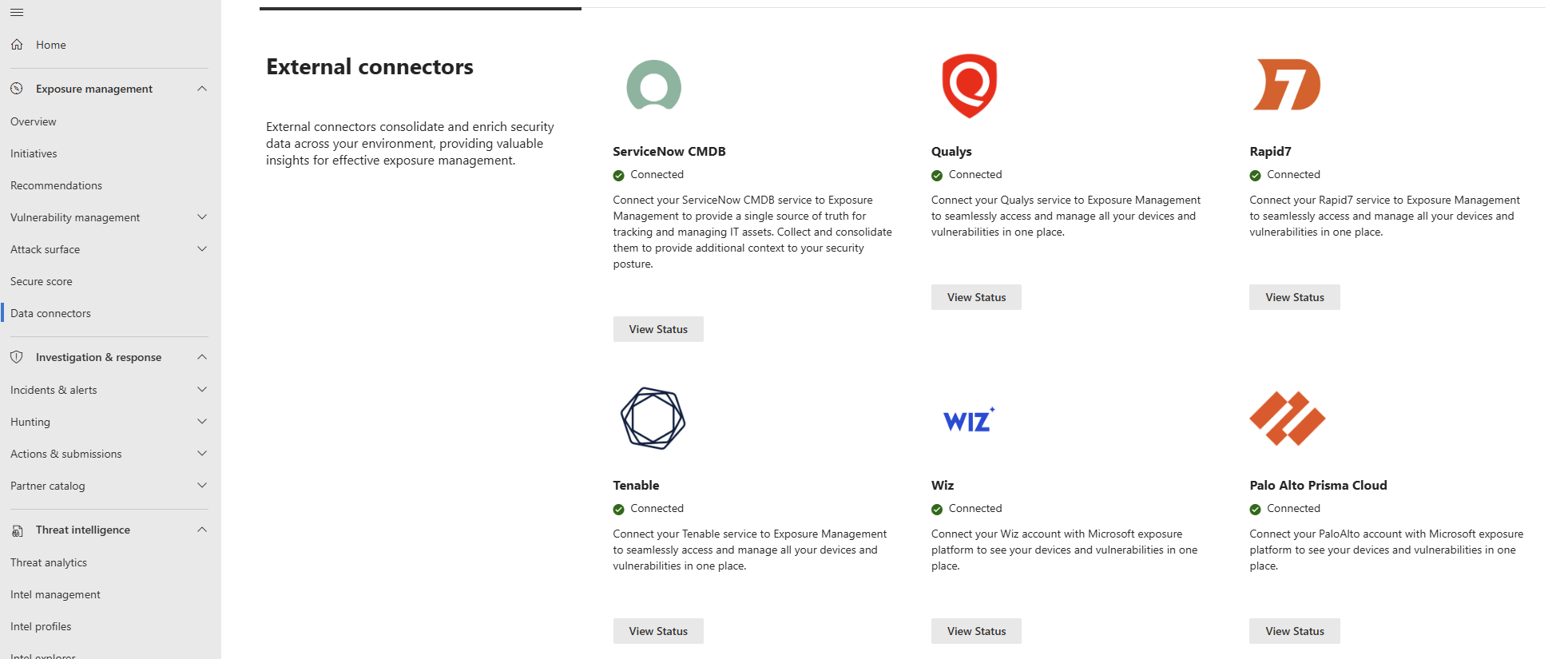 Screenshot of data connectors available in MSEM