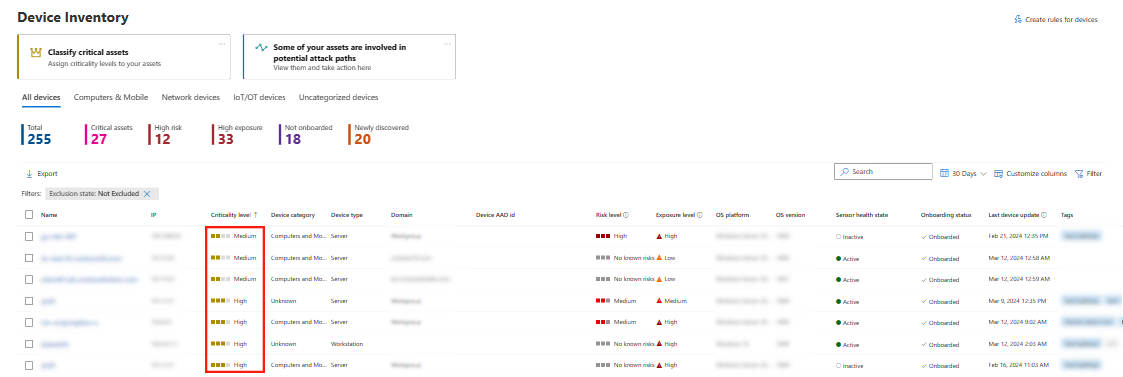 Screenshot of the Device inventory window. The image includes an emphasis on the criticality level section.