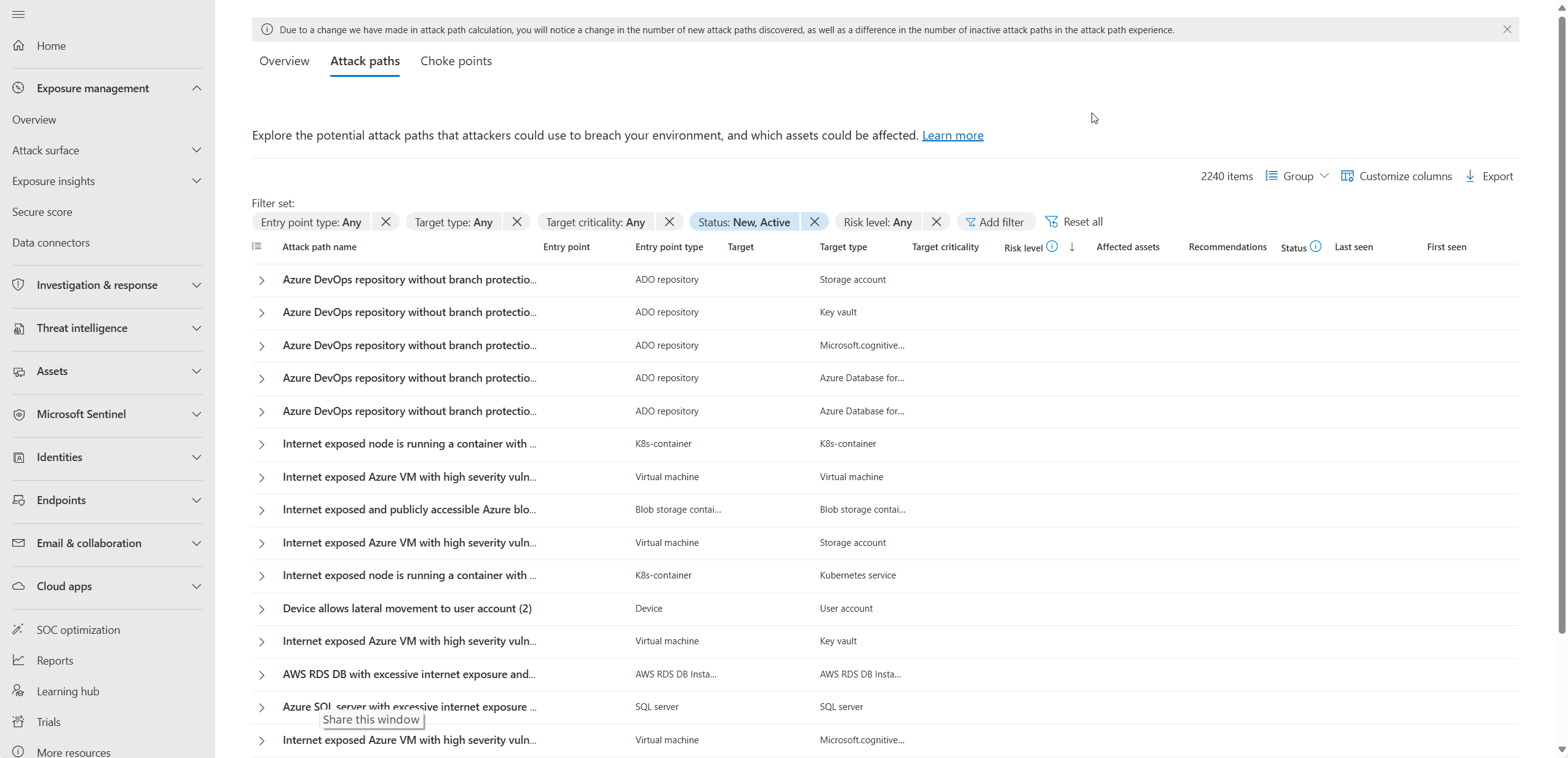 Screenshot of attack path list
