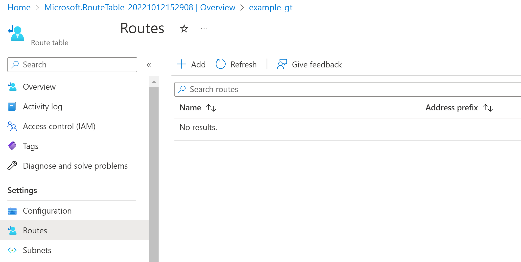 Screenshot of selecting a route table.