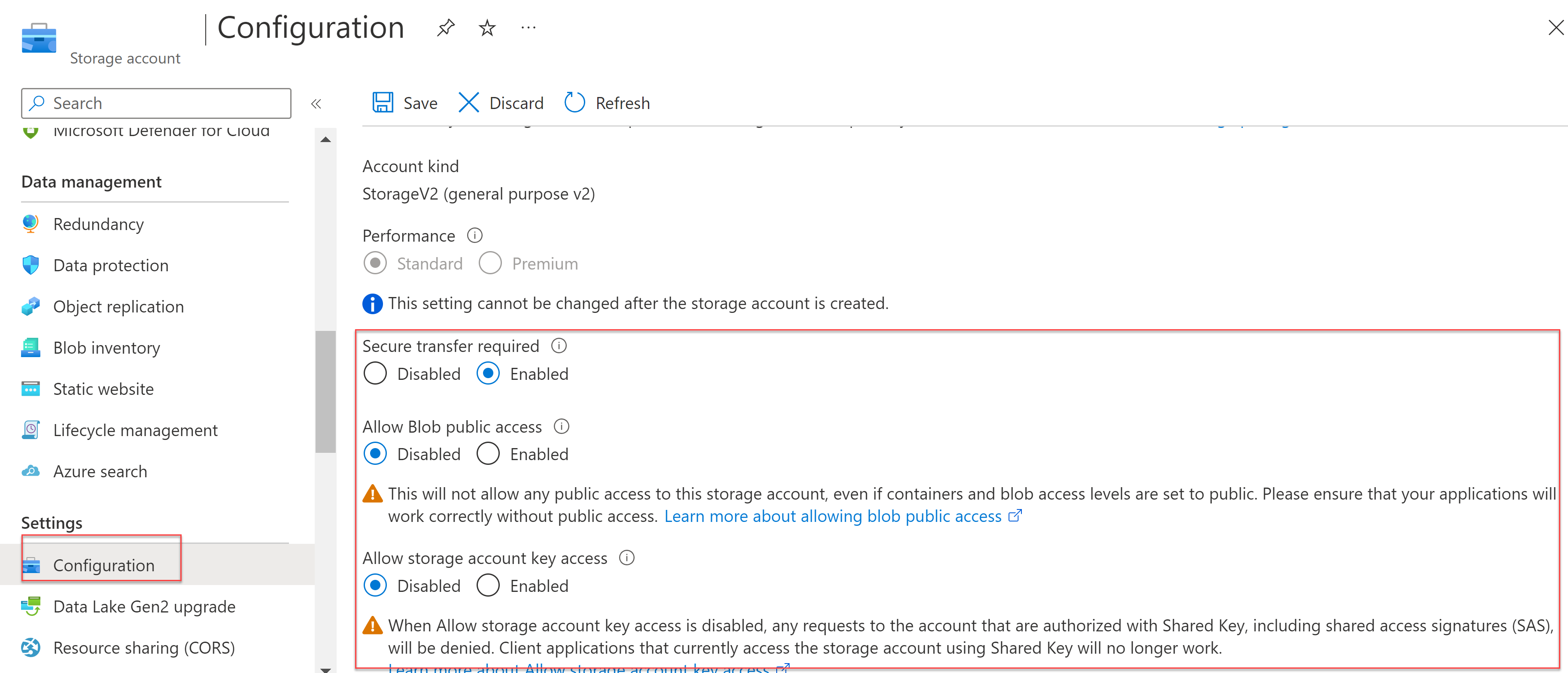 Screenshot of configuring data protection for all three modes for a storage account.