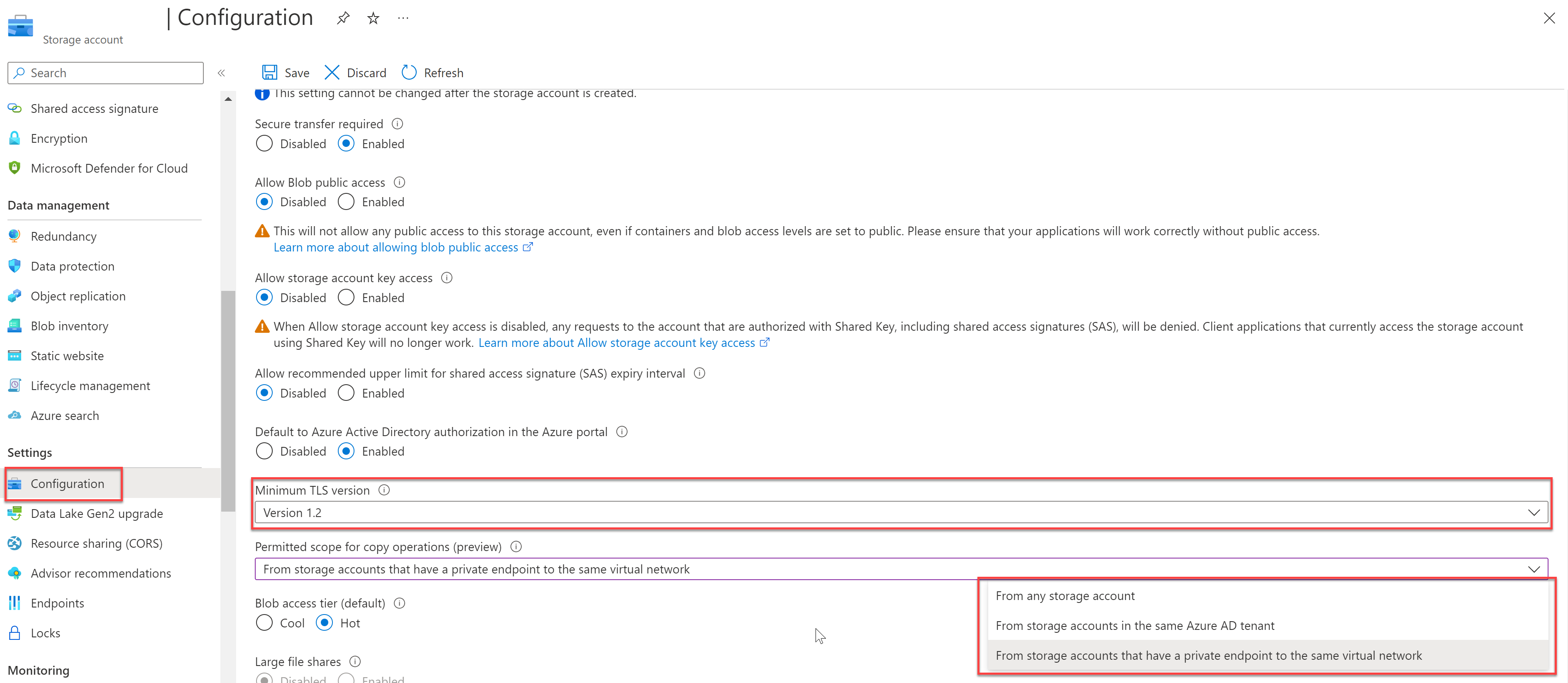 Screenshot of defining the scope for copy operations for a storage account.