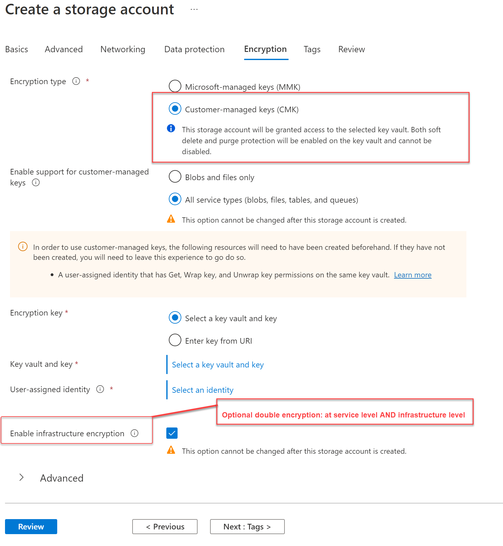 Screenshot of enabling CMK for a storage account.