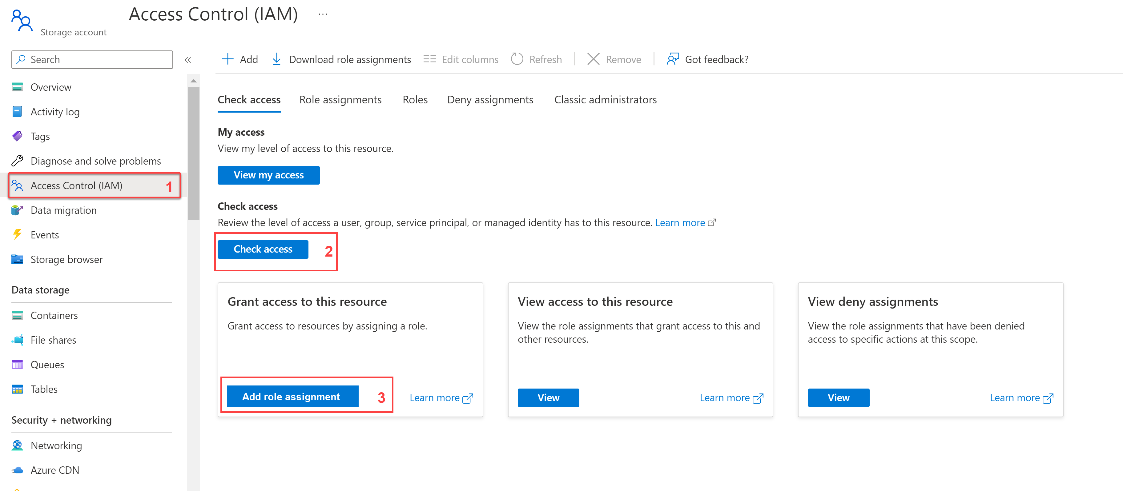 Screenshot of configuring access control for a storage account.