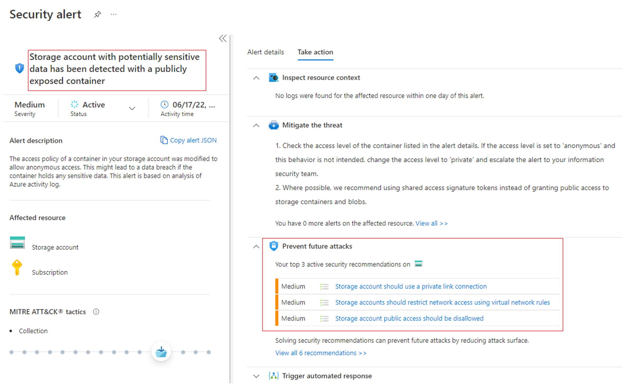 Screenshot of an example security alert for a storage account.