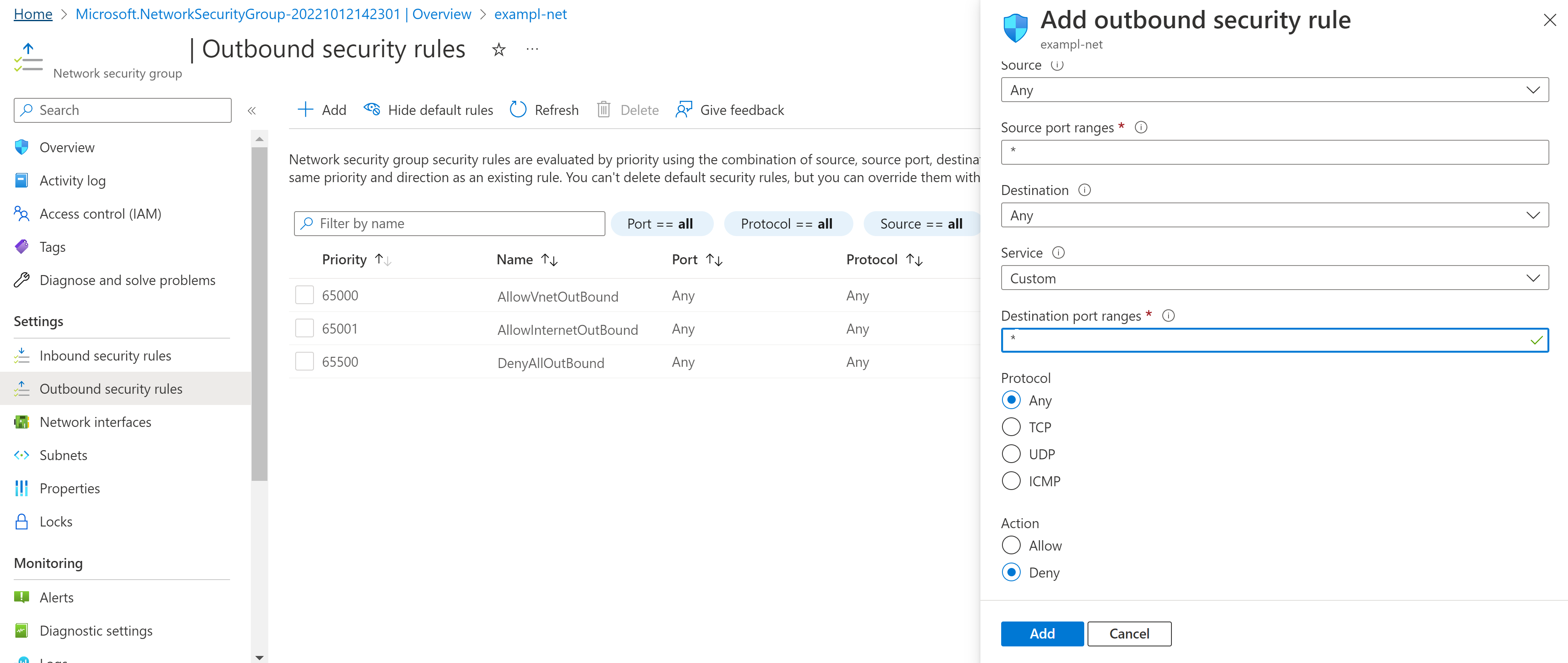 Screenshot of an example outbound security rule.