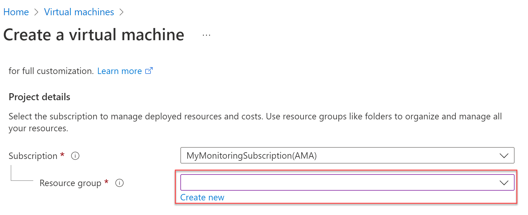 Screenshot of assigning a virtual machine to a resource group.