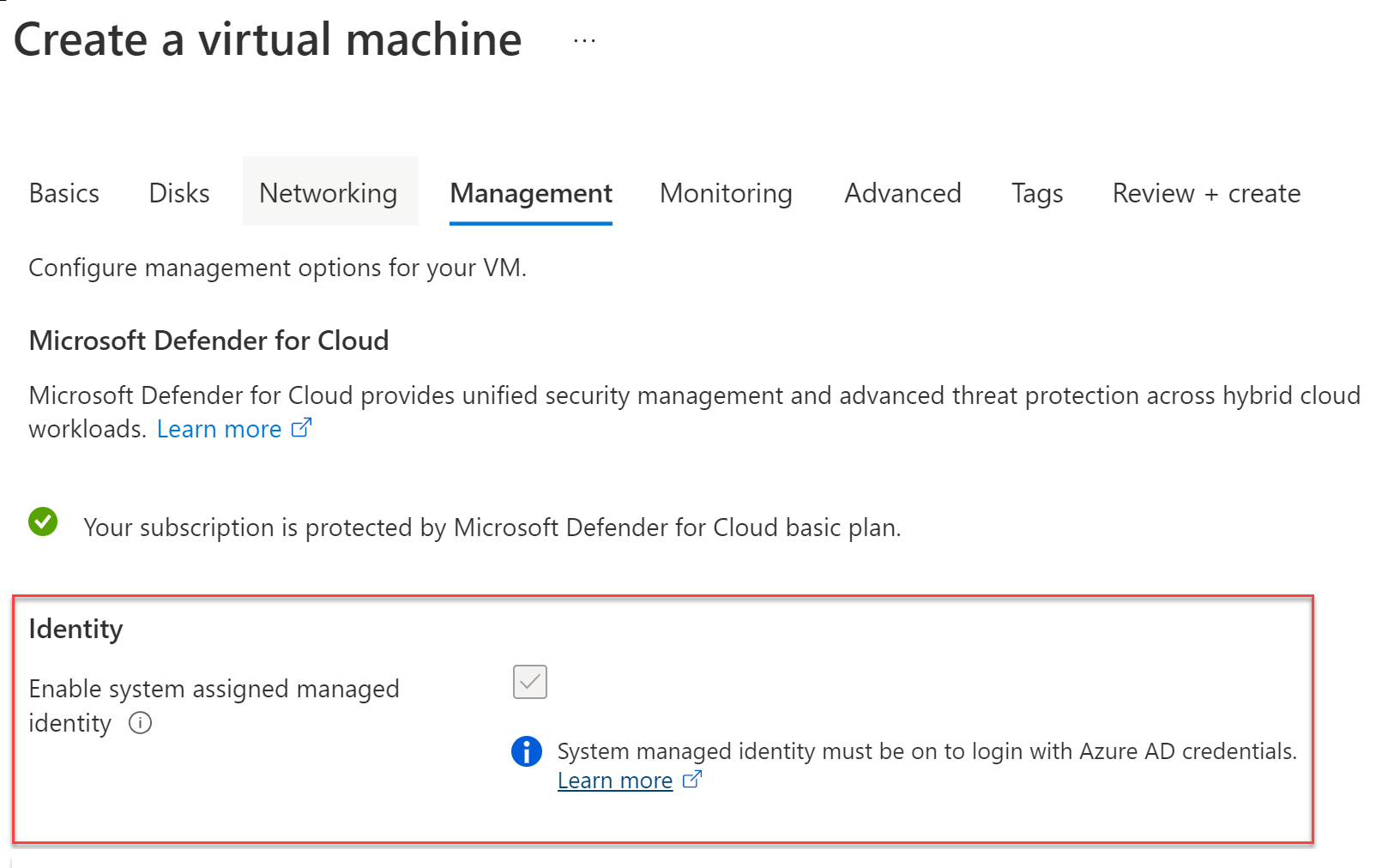 Screenshot of enabling system assigned managed identity.