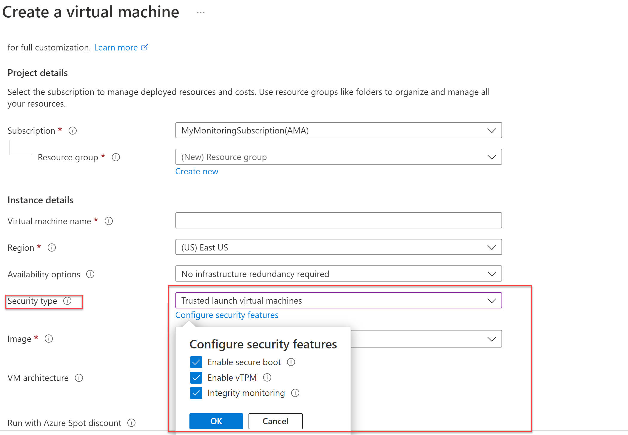 Screenshot of specifying security features for a virtual machine.