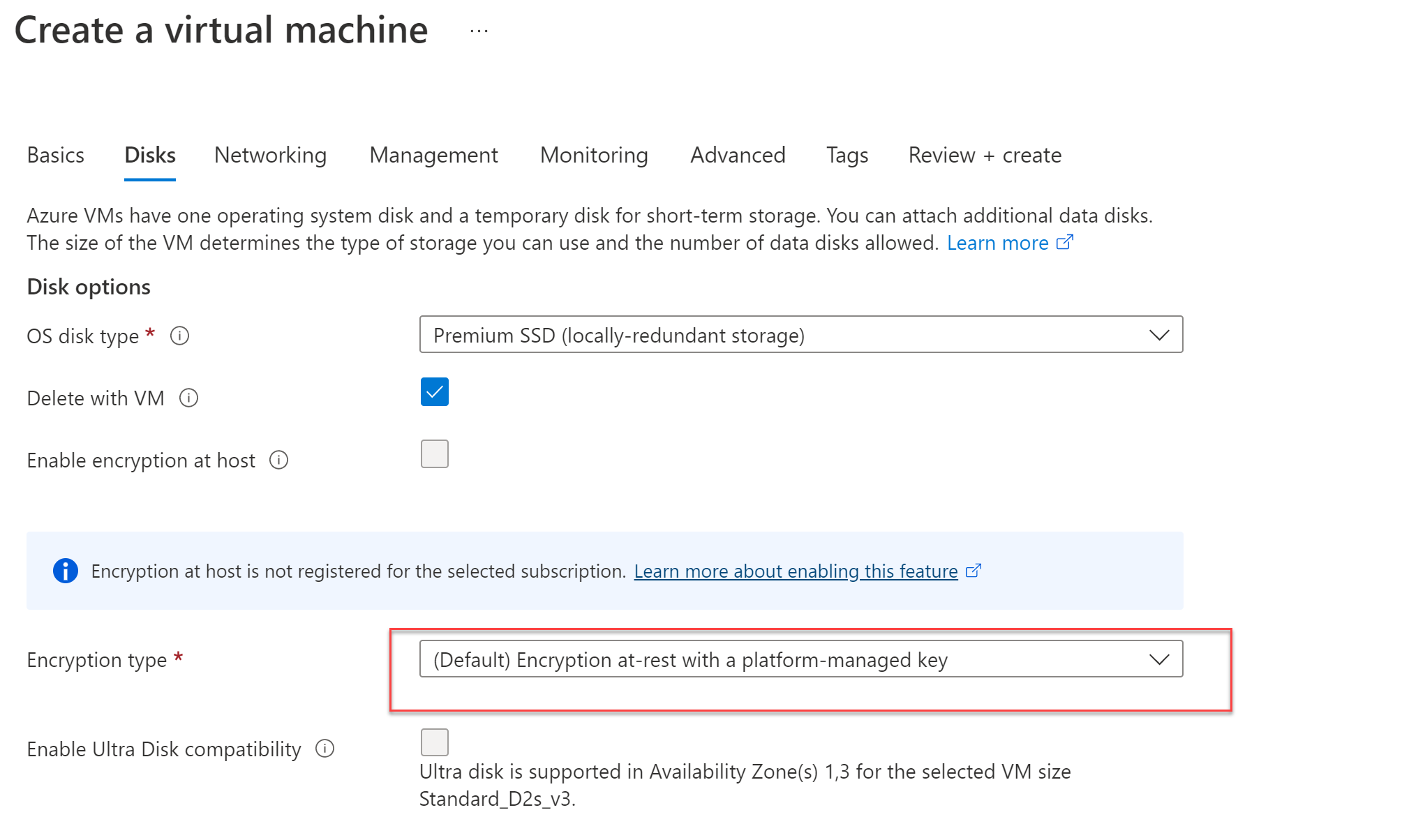Screenshot for selecting the encryption type for a virtual machine.