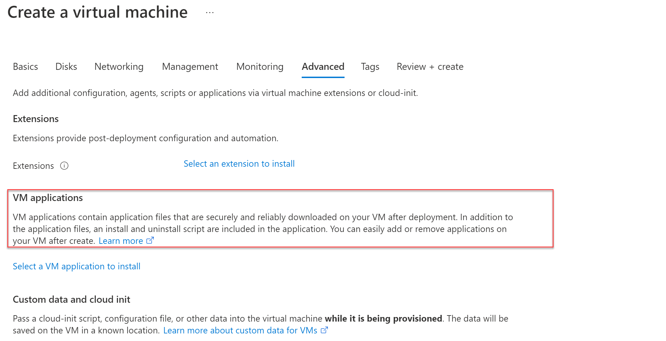 Screenshot for configuring applications of a virtual machine.