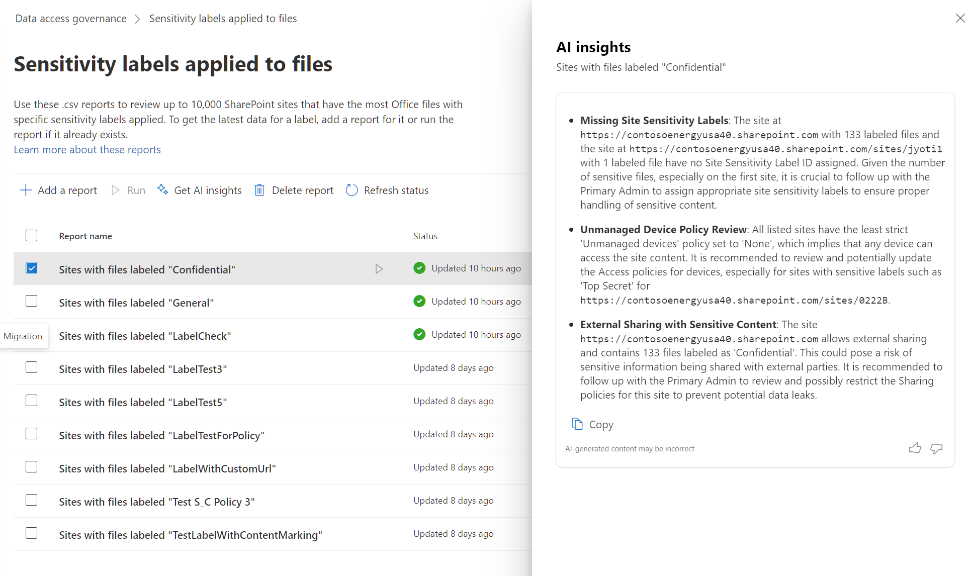 Screenshot of AI insights panel after opening in the data access governance dashboard in SharePoint admin center.