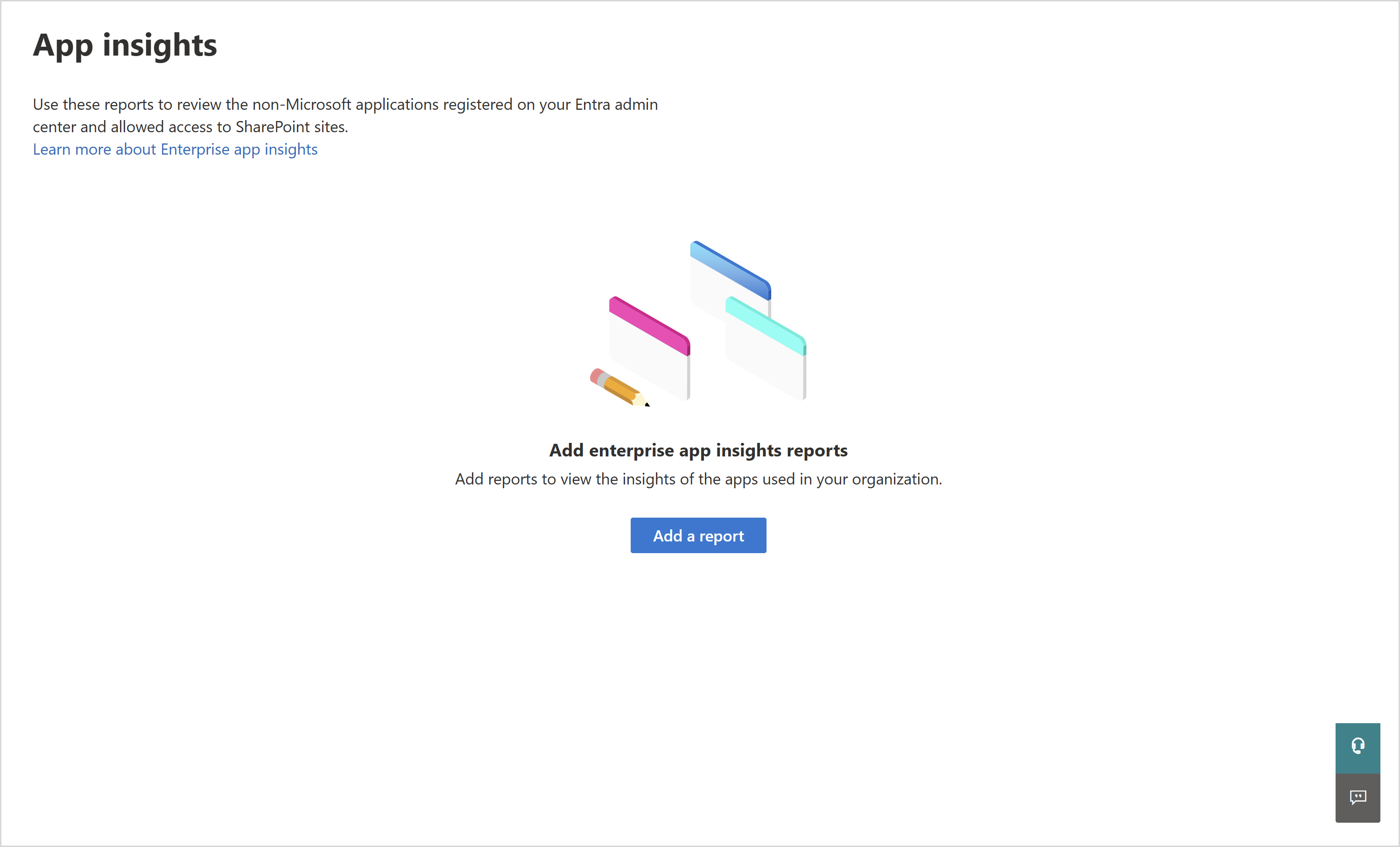 Screenshot of the create reports page for app insights dashboard in SharePoint admin center.