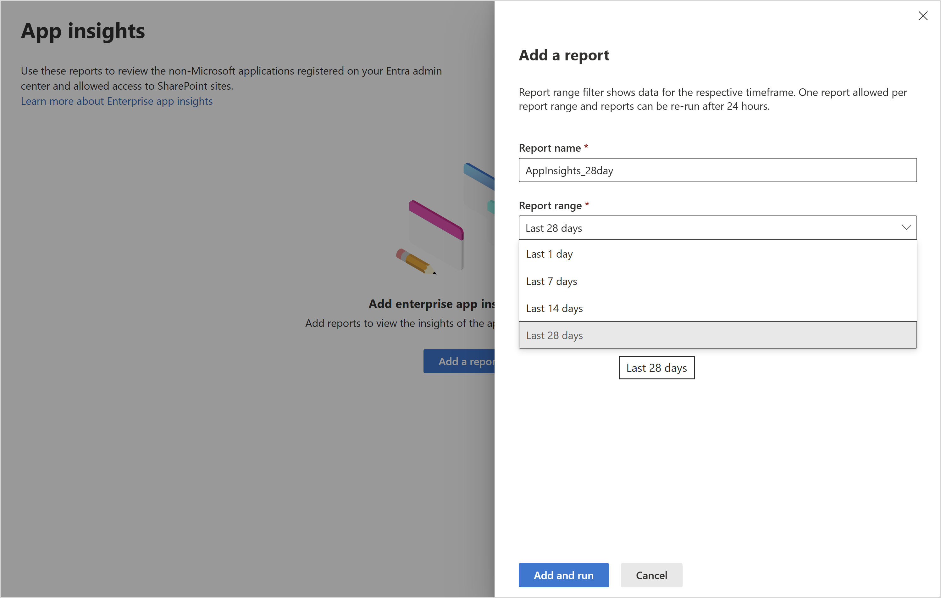 Screenshot of the report range for app insights in SharePoint admin center.