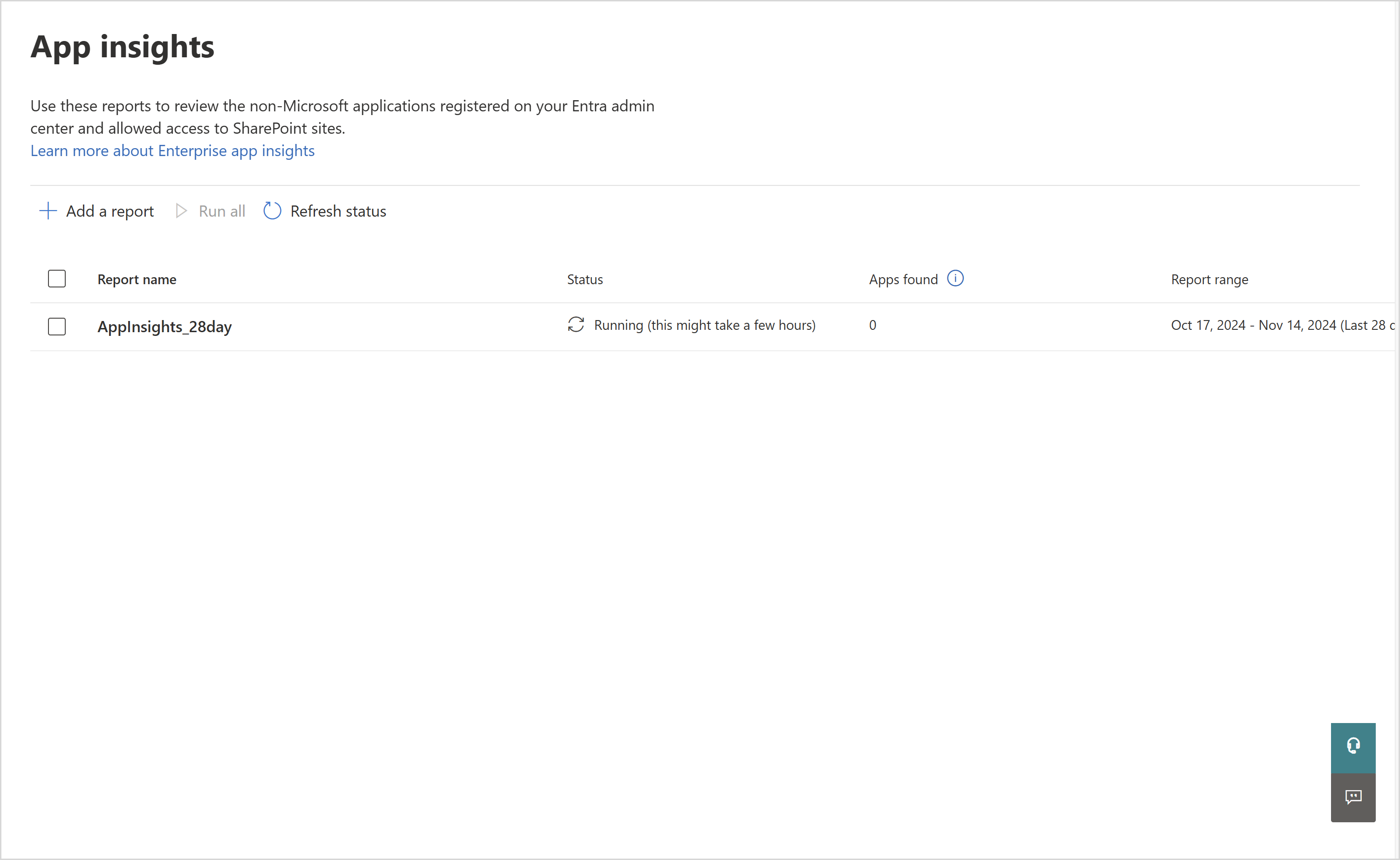 Screenshot of created app insight report in SharePoint admin center.